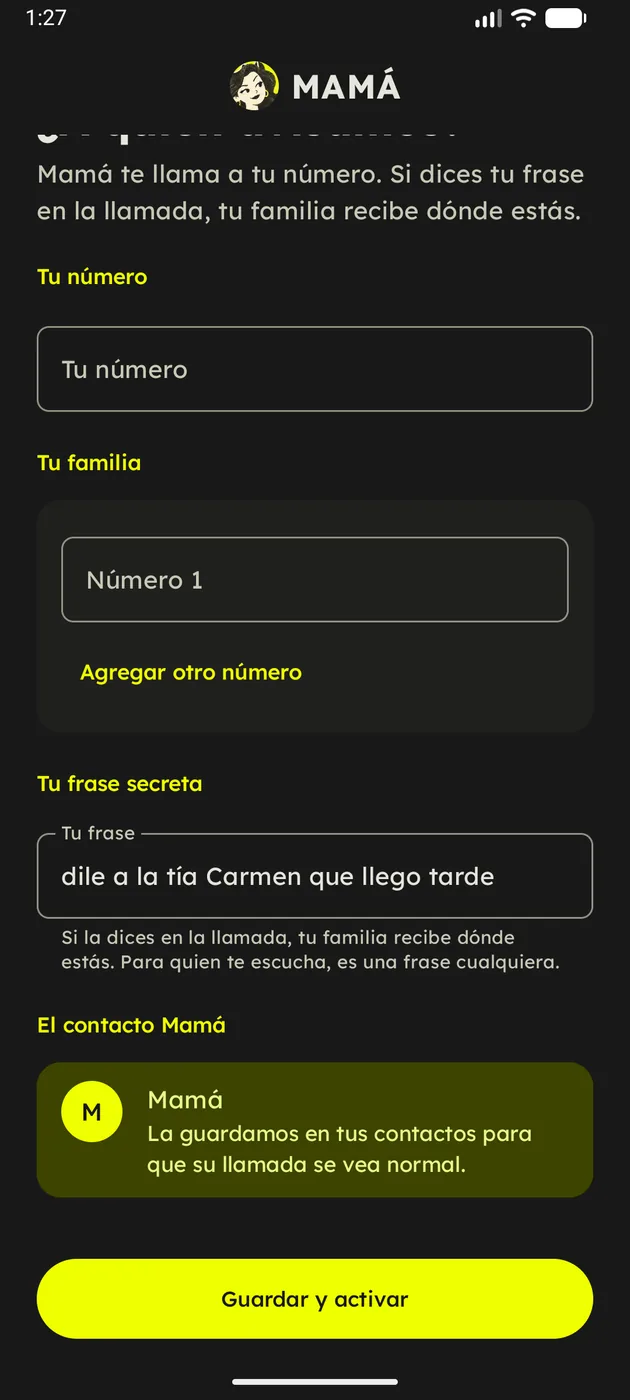 Pantalla de configuración de Aló Mamá en modo oscuro: Tu familia, a un gesto, con la lista de permisos en orden