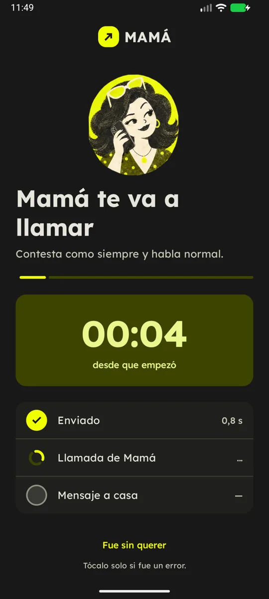 Pantalla Mamá te va a llamar, con un contador y los pasos: enviado, llamada de Mamá, mensaje a casa