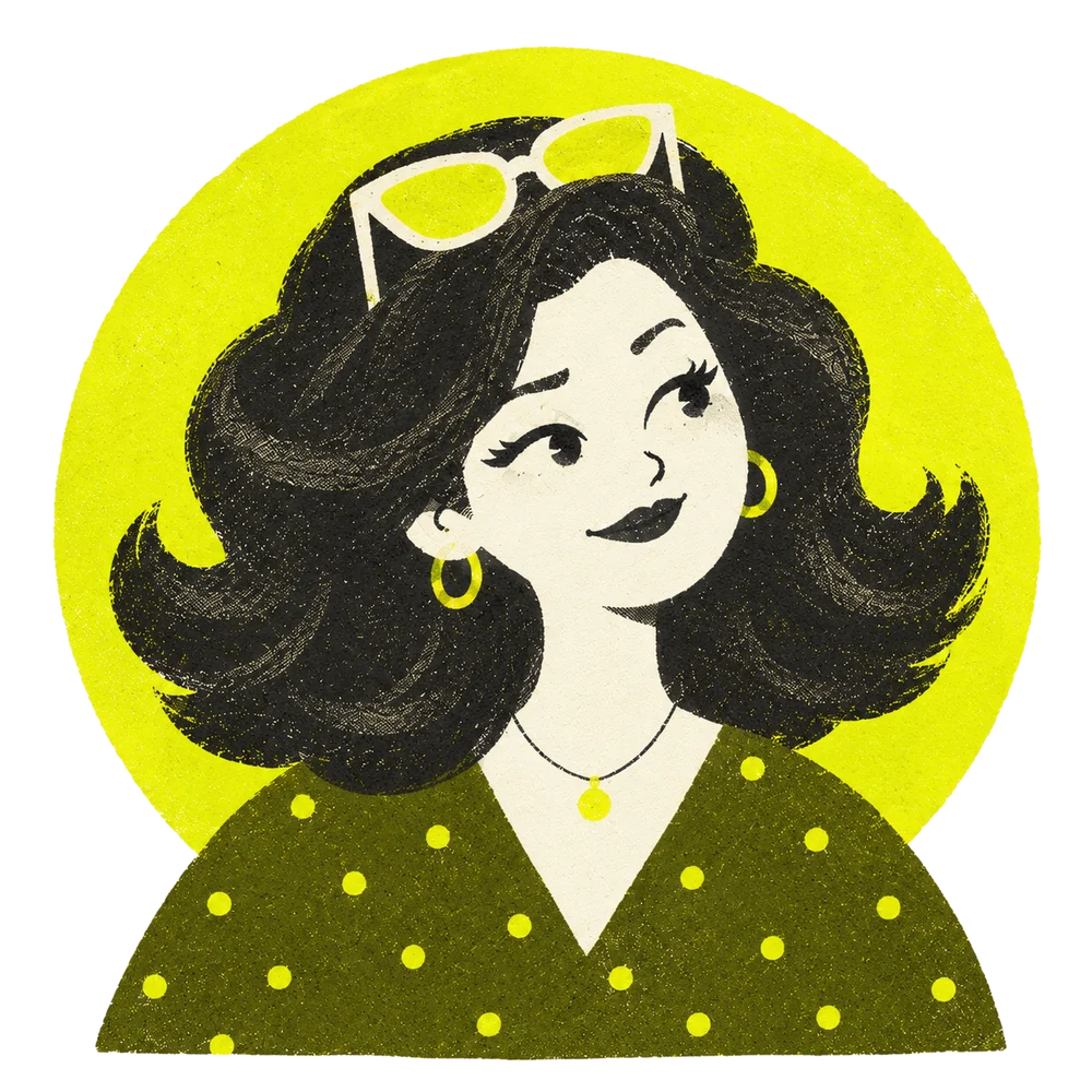 Ilustración de Mamá: pelo negro con volumen, lentes de sol en la cabeza, zarcillos y blusa oliva de lunares, dentro de un círculo chartreuse